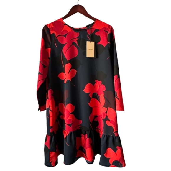 Halogen Women's L Petite Navy Red Floral Print Sleeved Round Neck Midi Dress - Picture 2 of 15